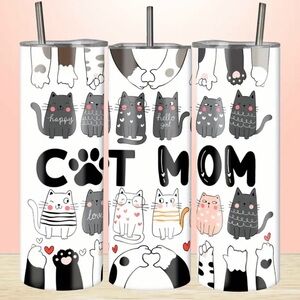 Cat Mom Tumbler with Straw - Black, Gray, White